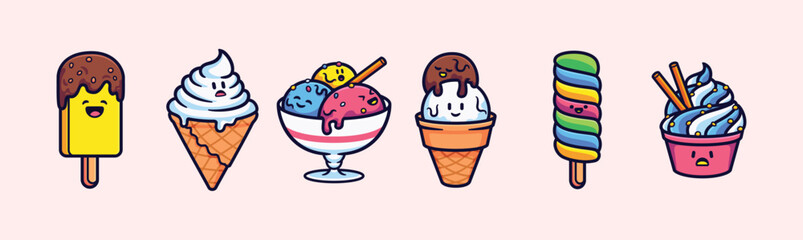 Ice cream pack collection cartoon character vector illustration