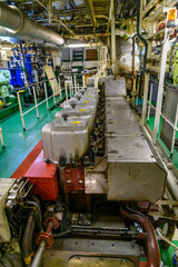 Main engine, Inside engine room on big ship, Marine engine on vessel.