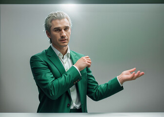 A man expresses emotions, points with finger, stylish suit. 