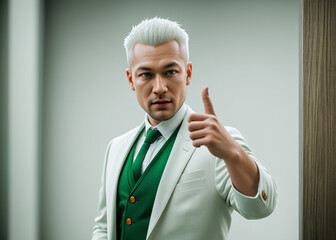 A man expresses emotions, points with finger, stylish suit. 