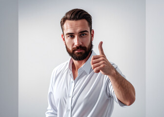 A man expresses emotions, points with finger, stylish suit. 