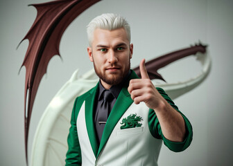 A man expresses emotions, points with finger, stylish suit. 