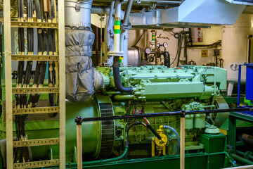 Marine engine. Diesel generator. Engine room interior.