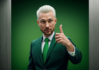 A man expresses emotions, points with finger, stylish suit. 