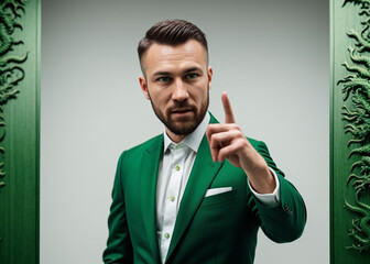 A man expresses emotions, points with finger, stylish suit. 