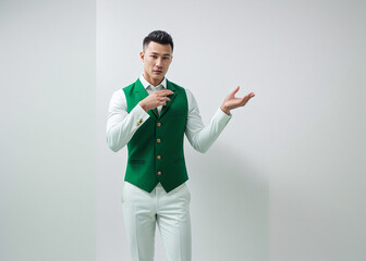 A man expresses emotions, points with finger, stylish suit. 