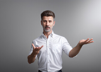 A man expresses emotions, points with finger, stylish suit. 