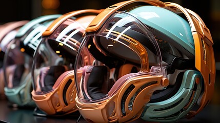 Colorful helmets showcased against black canvas, panorama