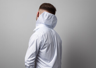 guy in a white shirt, standing with his back, back of his head