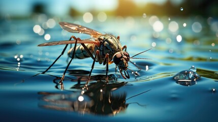 Mosquito perched in its natural habitat, water - obrazy, fototapety, plakaty