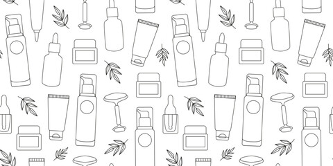 Linear natural cosmetics seamless pattern. Self care. Everyday beauty routine. Outline background, wrapping paper. Line art. - obrazy, fototapety, plakaty
