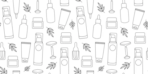 Foto op Plexiglas Linear natural cosmetics seamless pattern. Self care. Everyday beauty routine. Outline background, wrapping paper. Line art. © IRYNA