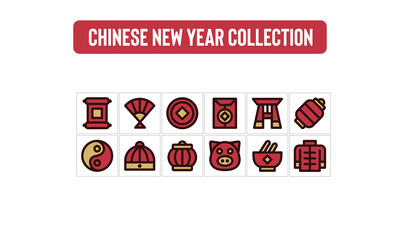 Chinese New Year Icon Set, Filled Outline Style.