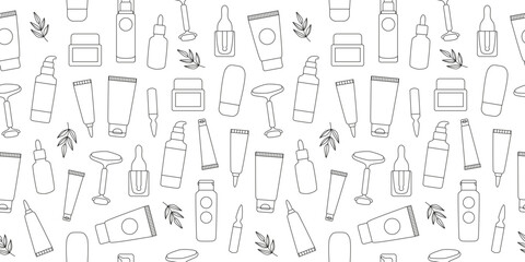 Linear natural eco cosmetics seamless pattern. Serum, cleanser, moisturizer, toner, face roller. Beauty routine. Anti-age. Cosmetic packaging - bottles, jars, tubes. Background, wrapping paper.