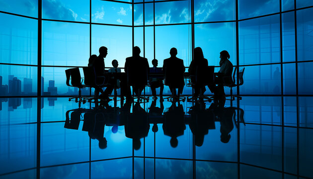 Business People in a Board Room Meeting Early Morning Silhoutte - Powered by Adobe