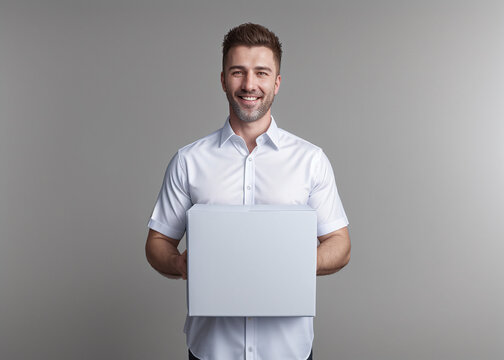 A man demonstrates a product, brought a box, delivery. 