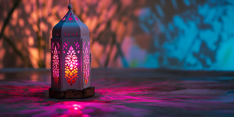 Arabische Laterne mit brennender pink farbener Kerze und schönem Hintergrund, Ramadan Islam Religion Nahaufnahme, ai generativ - obrazy, fototapety, plakaty