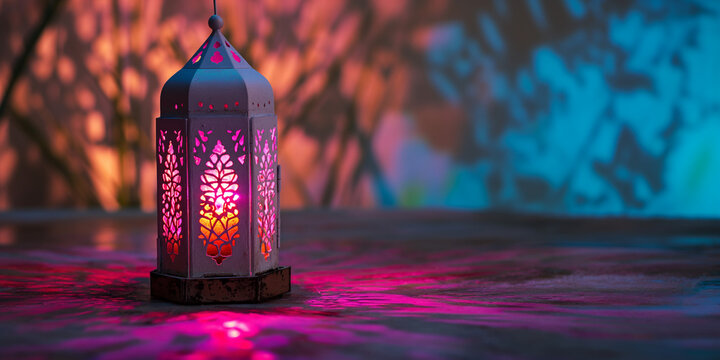 Arabische Laterne mit brennender pink farbener Kerze und sch&ouml;nem Hintergrund, Ramadan Islam Religion Nahaufnahme, ai generativ