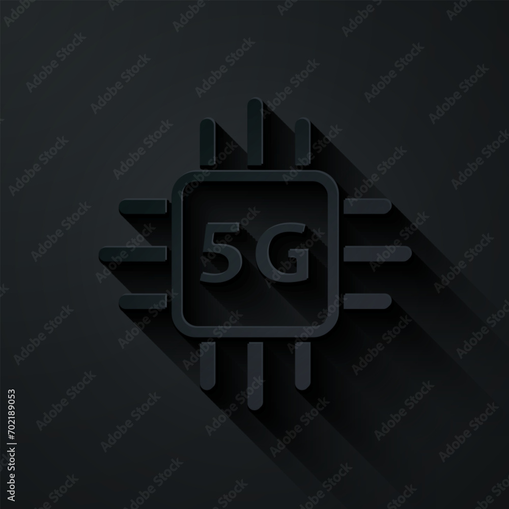 Poster paper cut computer processor 5g with microcircuits cpu icon isolated on black background. chip or cp