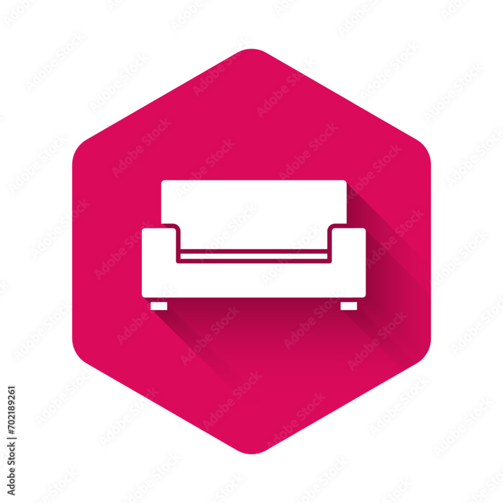 Poster white sofa icon isolated with long shadow. pink hexagon button. vector
