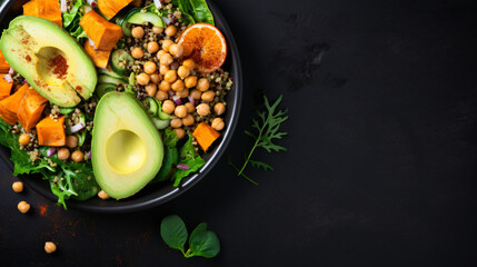 Black bowl with avocado quinoa sweet