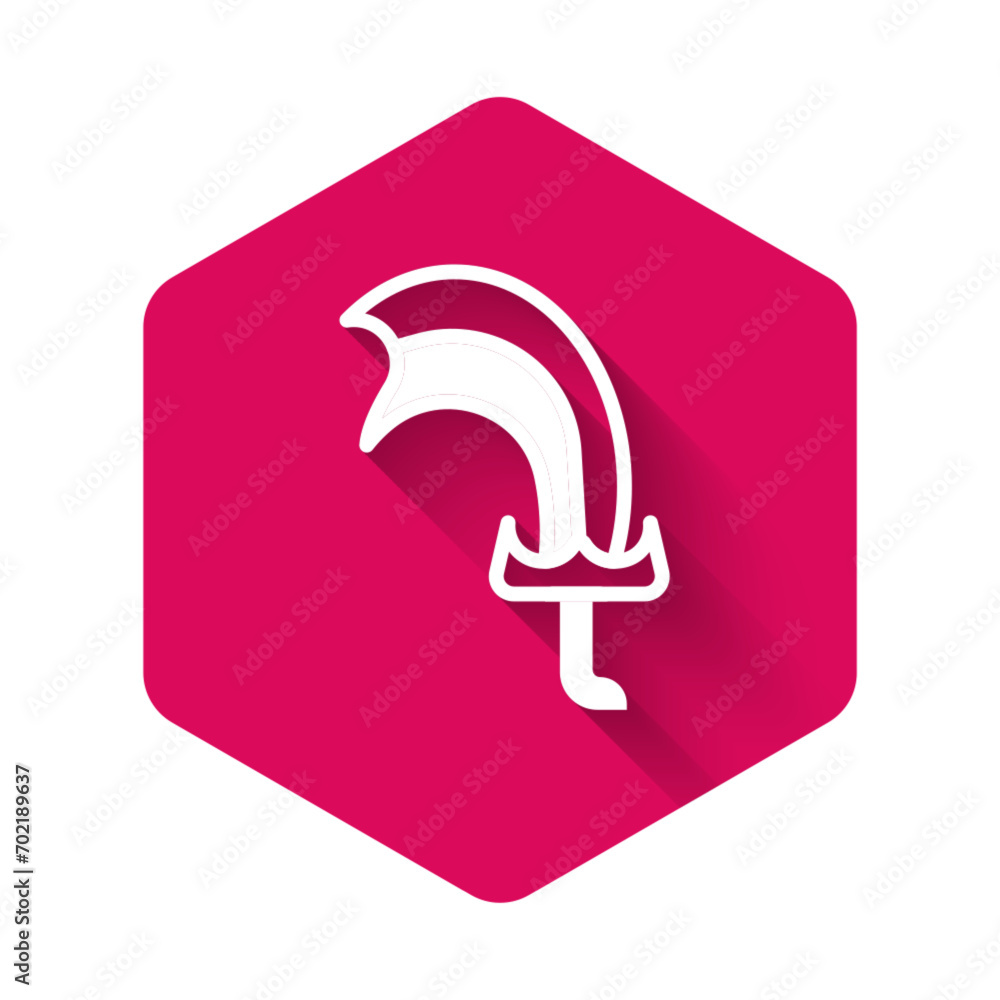 Poster white sword for game icon isolated with long shadow background. pink hexagon button. vector