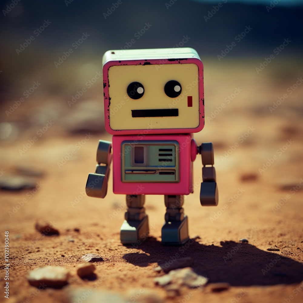 Aufkleber Playful depiction of an 8-bit pixel robot character, showcasing the charm of retro game design.