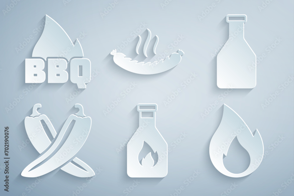 Poster Set Ketchup bottle, Crossed hot chili pepper pod, Fire flame, Sausage and Barbecue fire icon. Vector