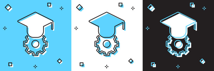 Set Graduation cap icon isolated on blue and white, black background. Graduation hat with tassel icon.  Vector