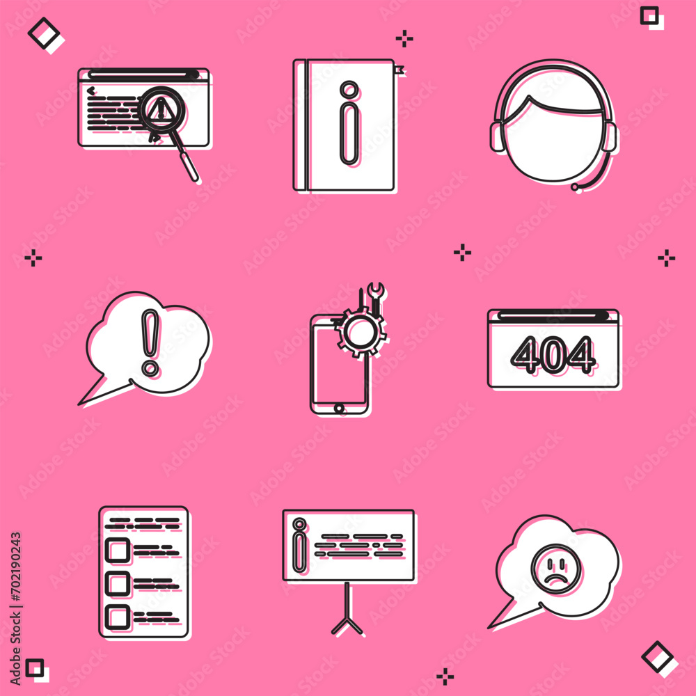 Aufkleber set system bug concept, user manual, man with headset, speech bubble exclamation, mobile service, pa