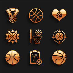 Set Basketball ball and basket, Planning strategy, concept, Heart with basketball and medal icon. Vector
