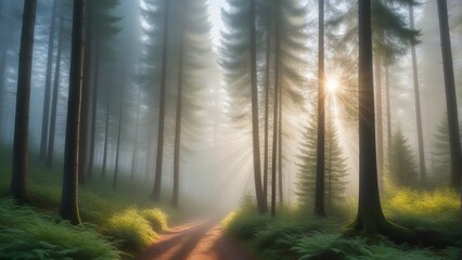Morning Sunlight Filtering Through Foggy Forest