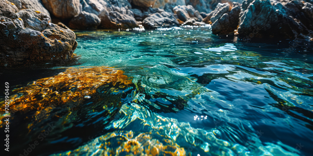 Poster calm aqua waters gently rippling in a serene pool, creating a tranquil and soothing texture for back