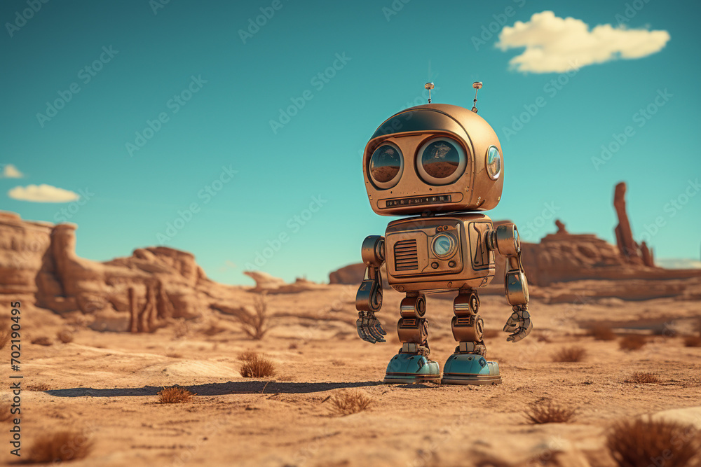 Aufkleber a whimsical pixel art scene featuring a robot in a retro-futuristic landscape, combining nostalgia w