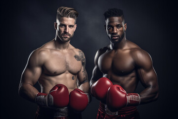 Fototapeta na wymiar Caucasian and African American boxers wearing boxing gloves on a dark background