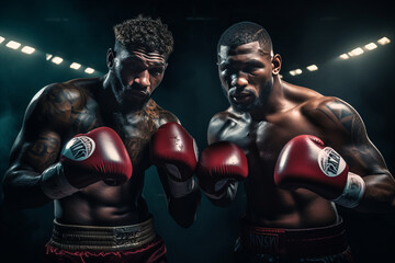Fototapeta na wymiar Two professional muscular African American boxers in boxing gloves in the ring before a fight