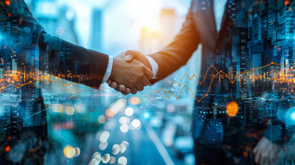 Successful business merger handshake with upward graphs symbolizing growth and teamwork in a corporate cityscape
