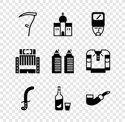 Set Scythe, Church building, Ukrainian cossack, Medieval sword, Vodka with pepper and glass, Smoking pipe, Hotel Ukraina and Two towers Dnipro icon. Vector - obrazy, fototapety, plakaty