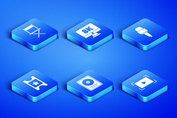 Set Online play video, Director movie chair, CD disk award frame, Cinema ticket, Monitor with 8k and Microphone icon. Vector