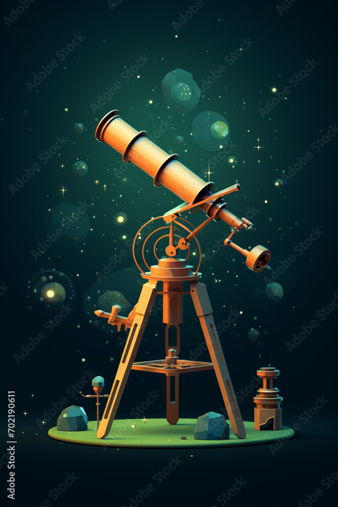 Poster pixel art rendering of a vintage telescope, blending the exploration of the cosmos with retro aesthe