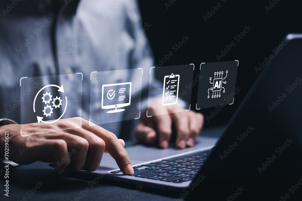 Poster automation concept. businessman use laptop with operations management technology related to business