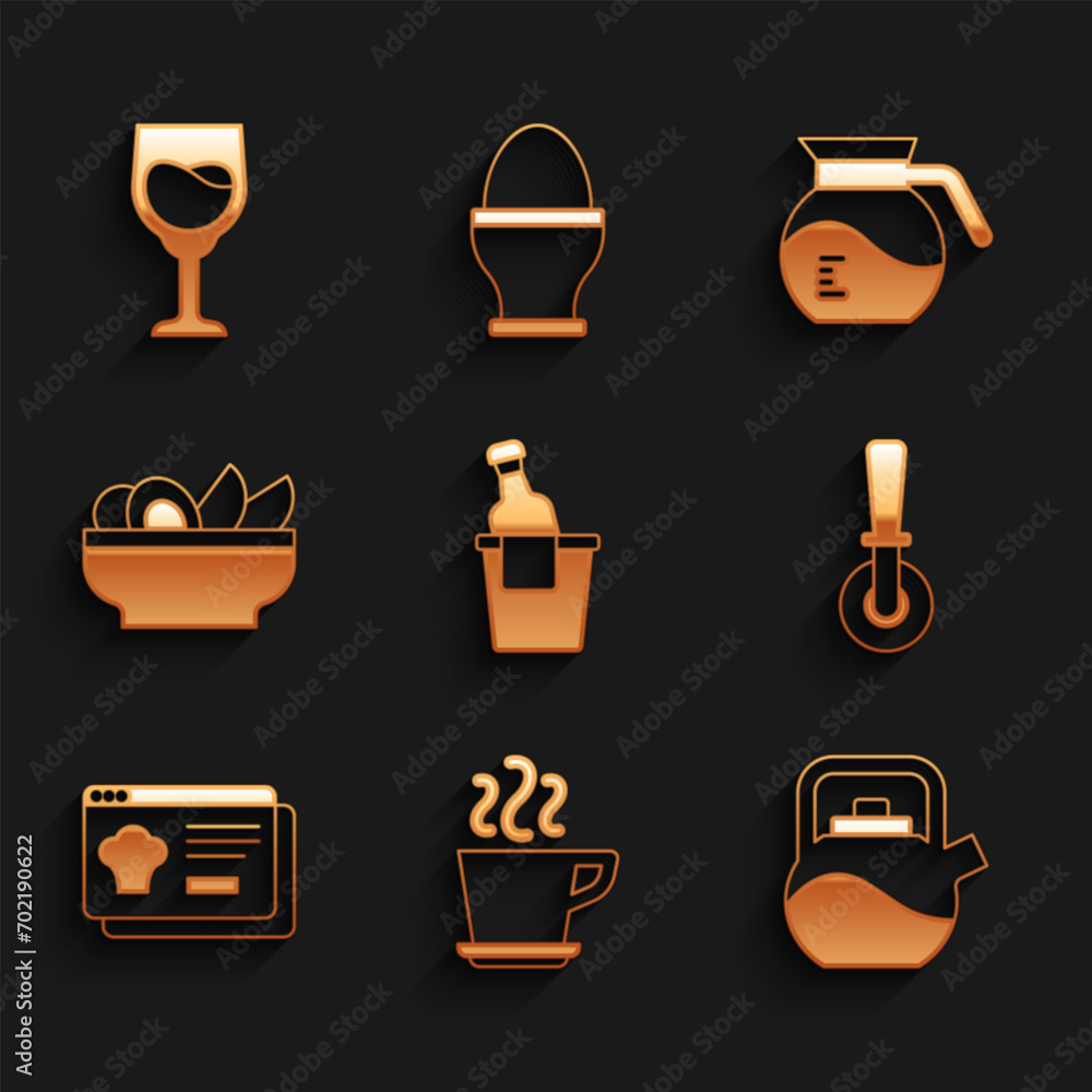 Wall mural Set Champagne in an ice bucket, Coffee cup, Kettle with handle, Pizza knife, Online ordering delivery, Nachos plate, pot and Wine glass icon. Vector