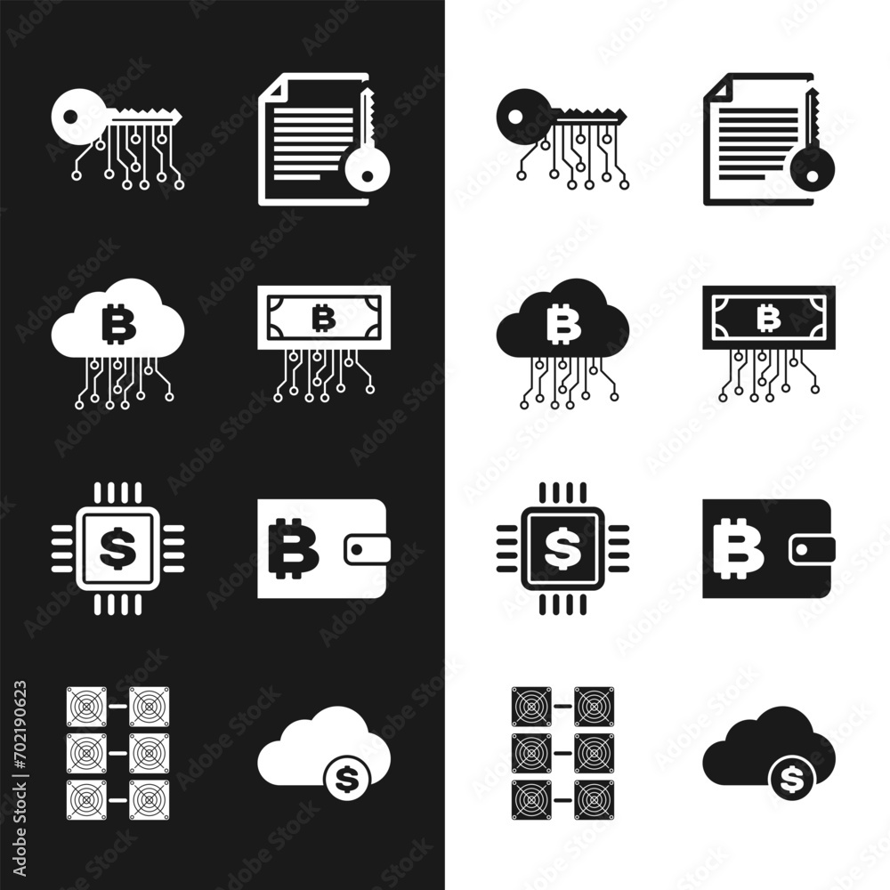 Poster set cryptocurrency bitcoin with circuit, cloud mining, key, smart contract, processor chip dollar an