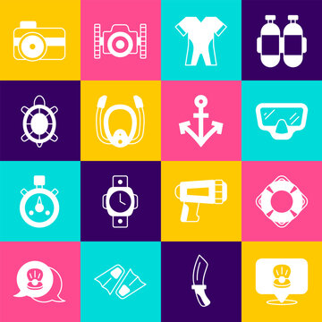 Set Scallop sea shell, Lifebuoy, Diving mask, Wetsuit for scuba diving, with snorkel, Turtle, Photo camera diver and Anchor icon. Vector