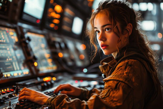 A young woman operates a complex control panel with concentration and expertise. - Powered by Adobe