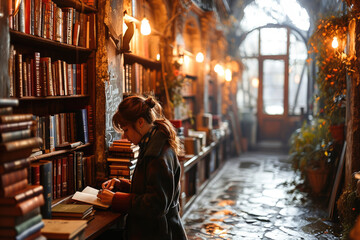 A woman engrossed in reading and writing notes in a cozy, vintage library filled with books and warm lighting.