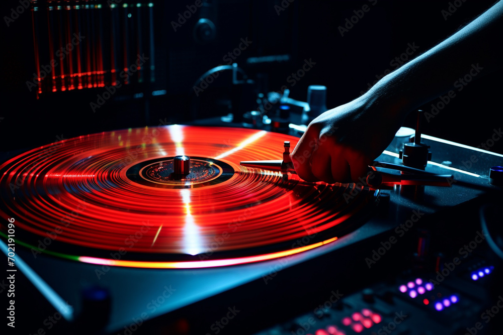 Poster playful pixel art capturing the motion of a turntable scratch, showcasing the dj culture in retro st