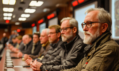Fototapeta premium A group of professional mature men participating in a serious business meeting or conference.