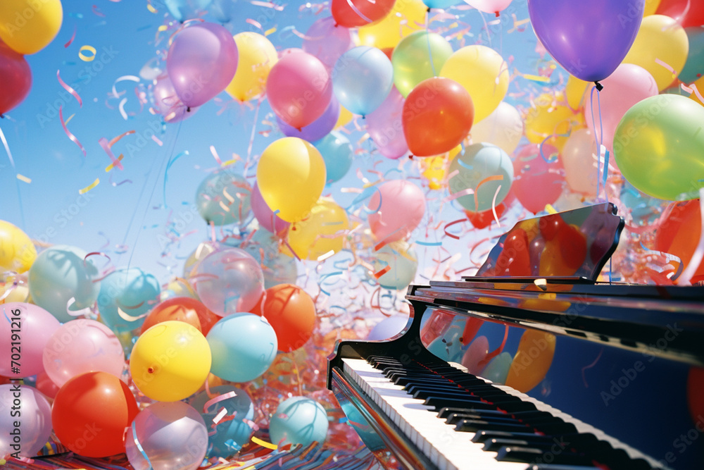Fototapete imaginative pixel art of music notes transforming into colorful balloons, creating a whimsical visua