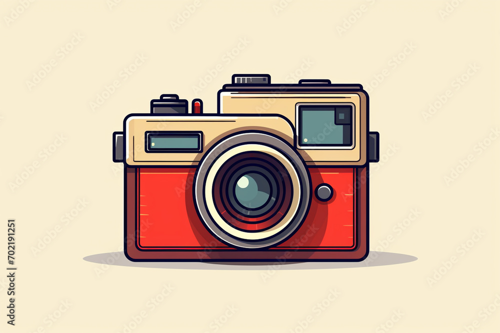 Poster a minimalistic pixel art rendition of a retro camera, fusing classic design with clean and contempor